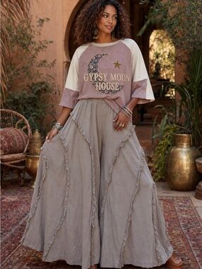 Taupe Wide leg pants - Boho Ruffle Panel w pockets